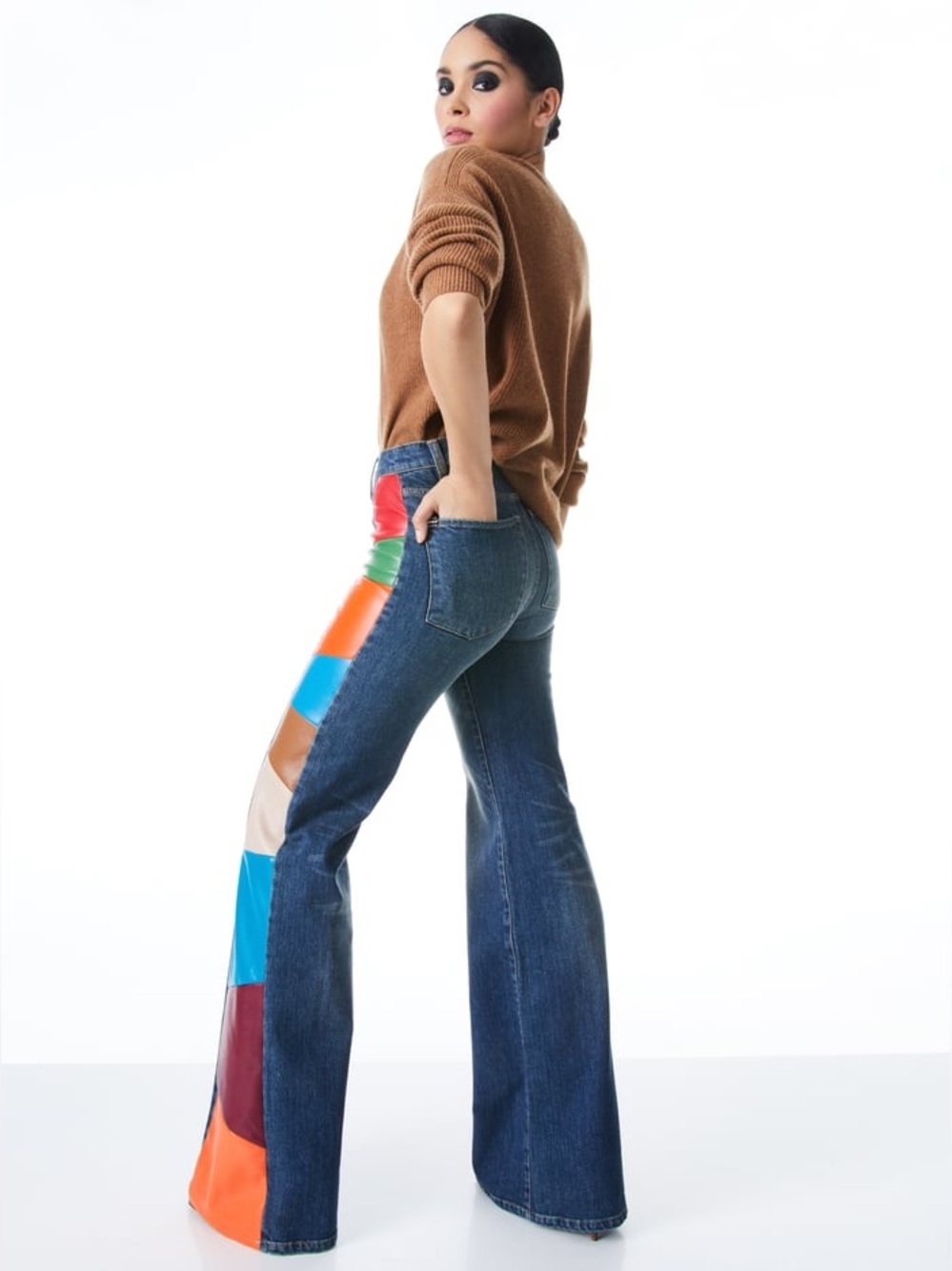 Alice + Olivia High Waisted Flare Jeans with Vegan Leather Patchwork, Size 26 - Picture 3 of 14